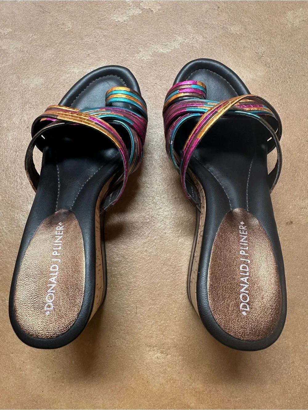 Donald J. Pliner “Lettie” Metallic Multi-Color Strappy Wedge Sandals, Size 7N